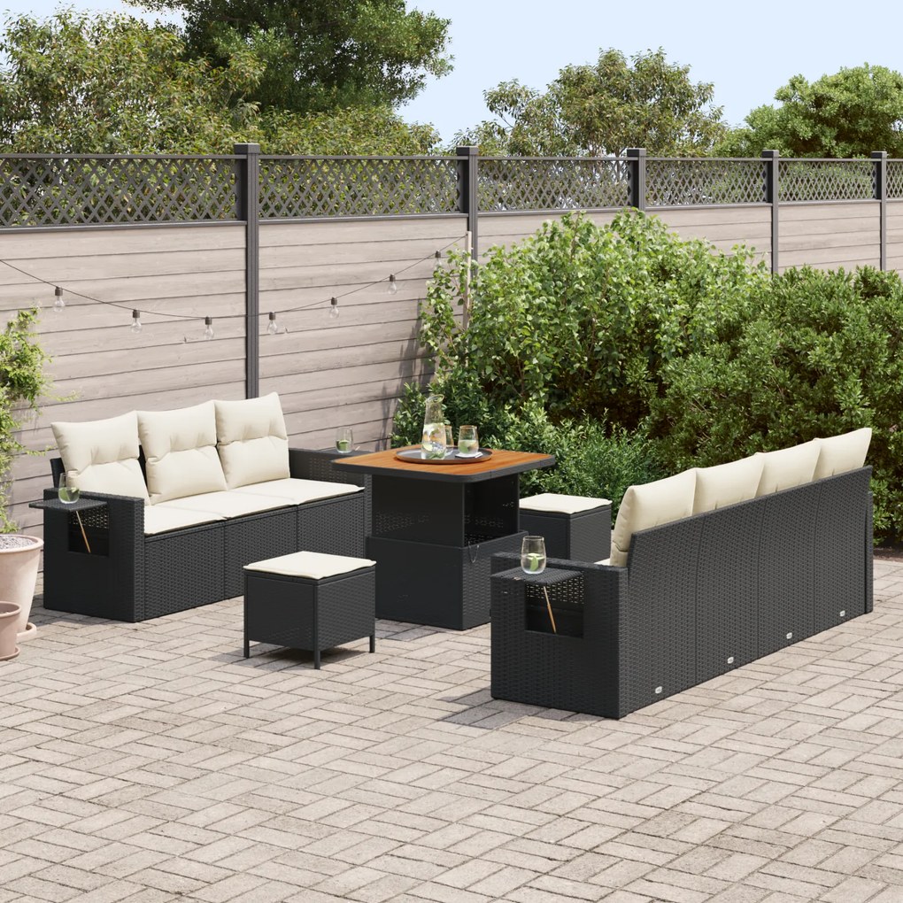 Conjunto de Sofá de Jardim vidaXL com Almofadas Preto Rattan Acácia, C