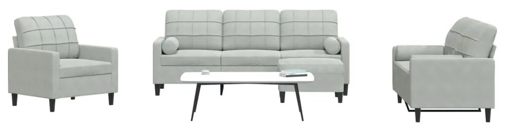 4 pcs conjunto sofás com almofadões e rolos veludo cinza-claro
