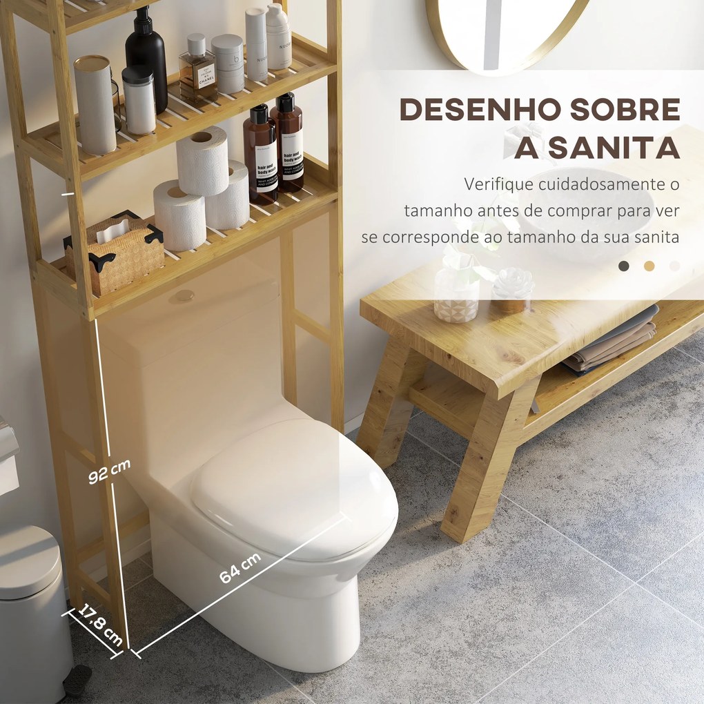 Estante sobre Sanita de Bambu com 3 Prateleiras Pés com Almofadas Antiderrapantes e Anti-Tombo 68x20x135 cm Madeira