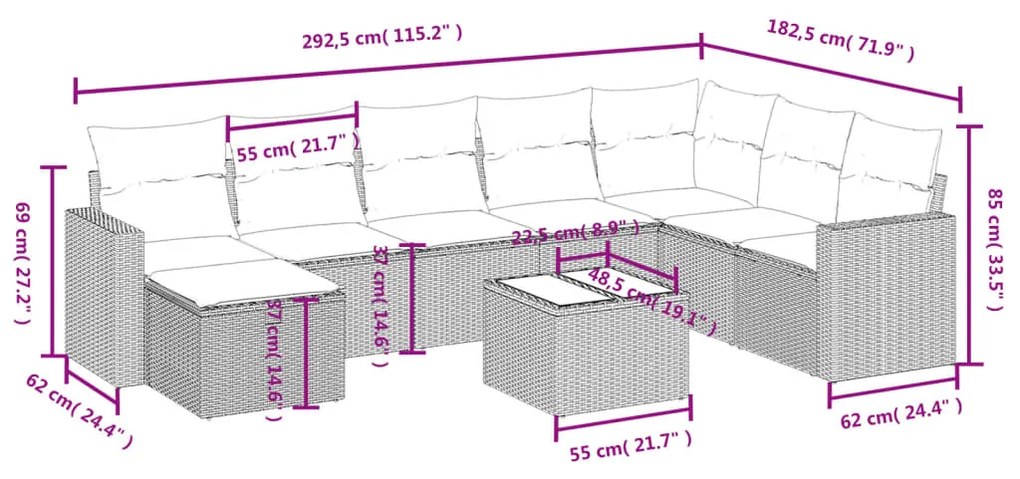 9 pcs conjunto sofás p/ jardim c/ almofadões vime PE castanho