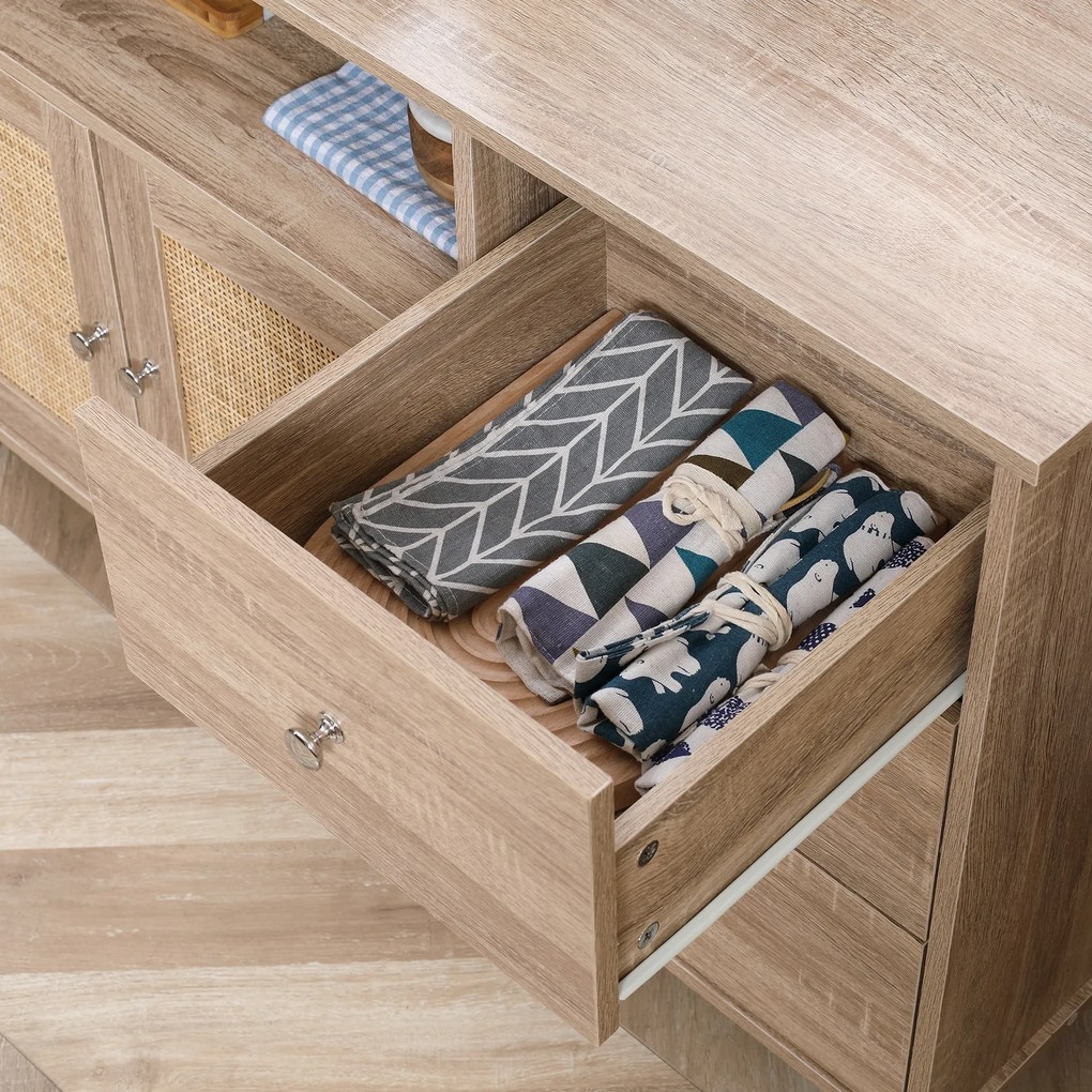HOMCOM Aparador de Cozinha com 2 Portas de Vime 3 Gavetas e Prateleira Aberta Móvel Buffet Auxiliar para Sala de Jantar Anti-Tombo 110x40x76cm Carvalho