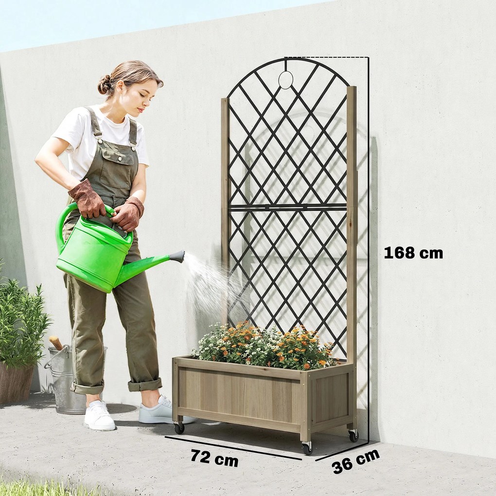 Floreira de Madeira com Grade Metálica e Rodas para Plantas Trepadeiras Vaso Elevado 72x36x168 cm Carbonizado