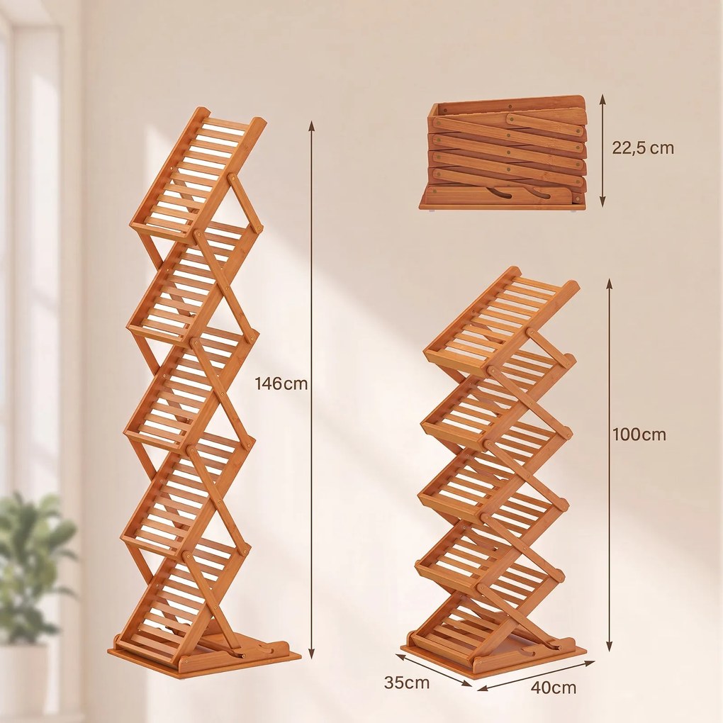 Expositor de Folhetos Dobrável, 40 x 35 x 146 cm, 5 Níveis com Altura Regulável, Nogueira