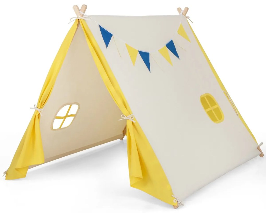 Tenda de brincar infantil com estrutura de madeira, tenda de lona de algodão para teatro infantil interno e externo Bege + Amarelo