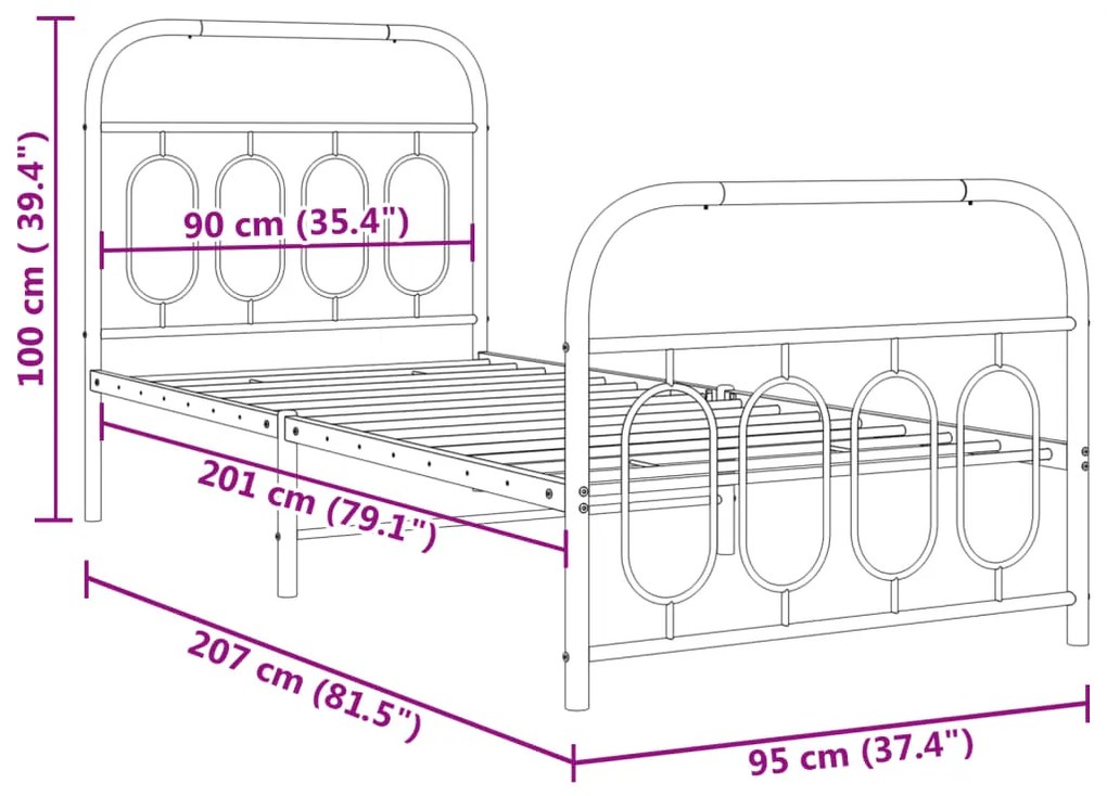 Estrutura de cama com cabeceira e pés 90x200 cm metal preto