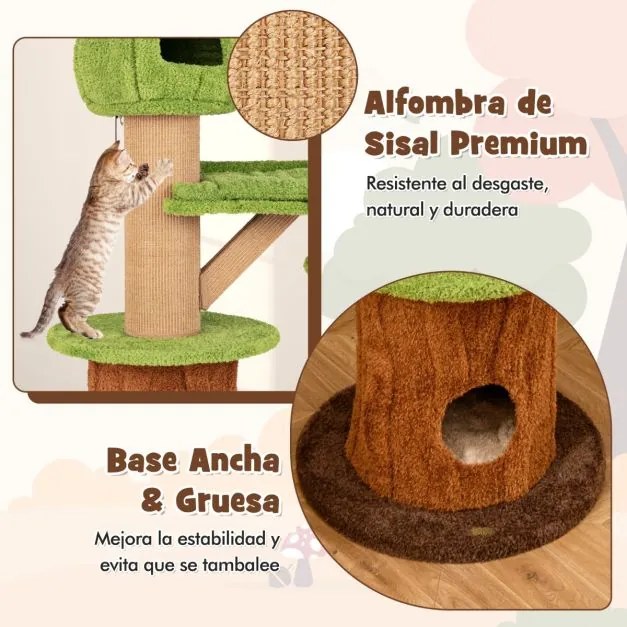 Arranhador para gatos em forma de árvore para interior 148 CM com 2 Cavernas Verde