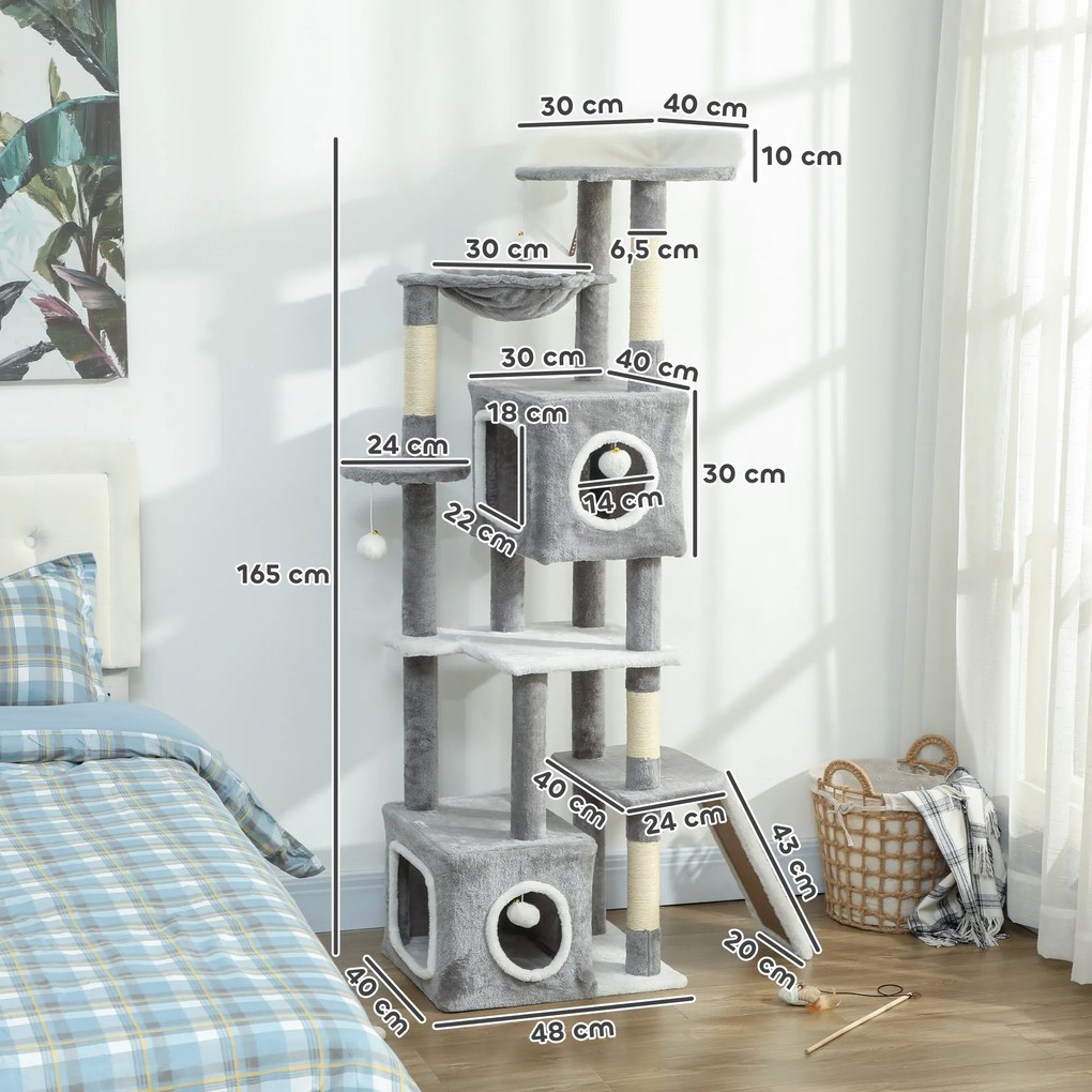 Arranhador para gatos com torre de brincadeiras, centro de atividades, 2 compartimentos abertos, plataformas, rede, escada e 4 pompons, 165 cm, cinzen
