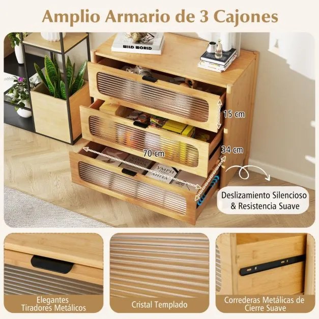 Cómoda de 3 gavetas em bambu com frente em vidro temperado estriado 80 x 40 x 78,5 cm Natural