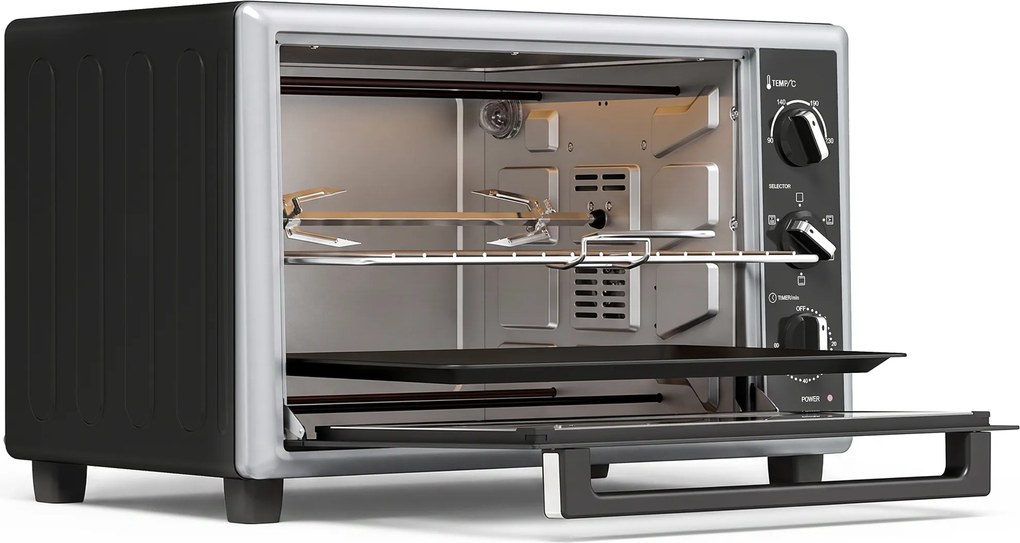 HOMCOM Mini-forno de 46 L com espeto rotativo, convecção, controlo de temperatura e temporizador, 1800 W, Preto | Aosom Portugal