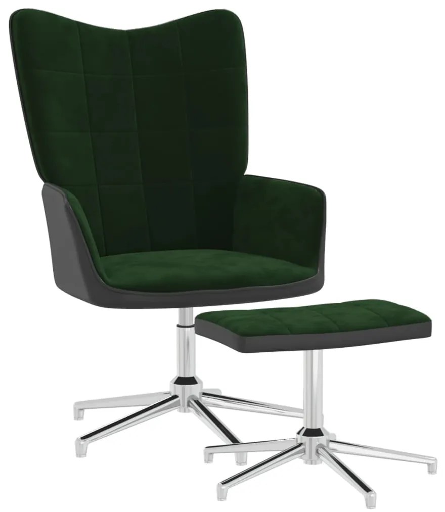 327866 vidaXL Cadeira de descanso com banco PVC e veludo verde-escuro