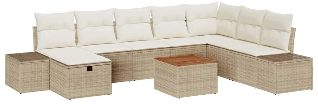 Conjunto de Sofá de Jardim de 9 Peças com Almofadas Bege Vime Sintétic