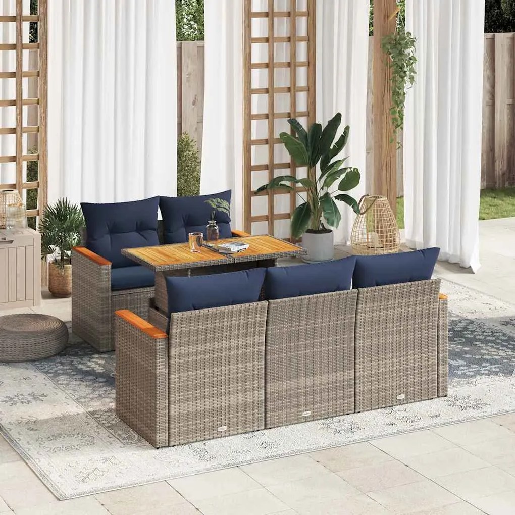 6 pcs conjunto sofás de jardim com almofadões vime cinzento