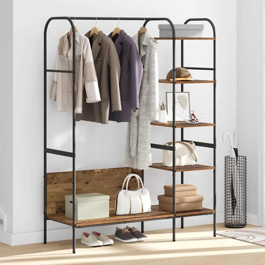 Cabide para Roupas com Prateleiras de Madeira Antiga 120x44x160 cm