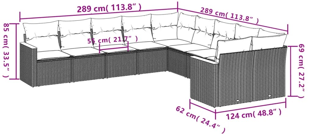 10 pcs conjunto de sofás p/ jardim com almofadões vime PE bege