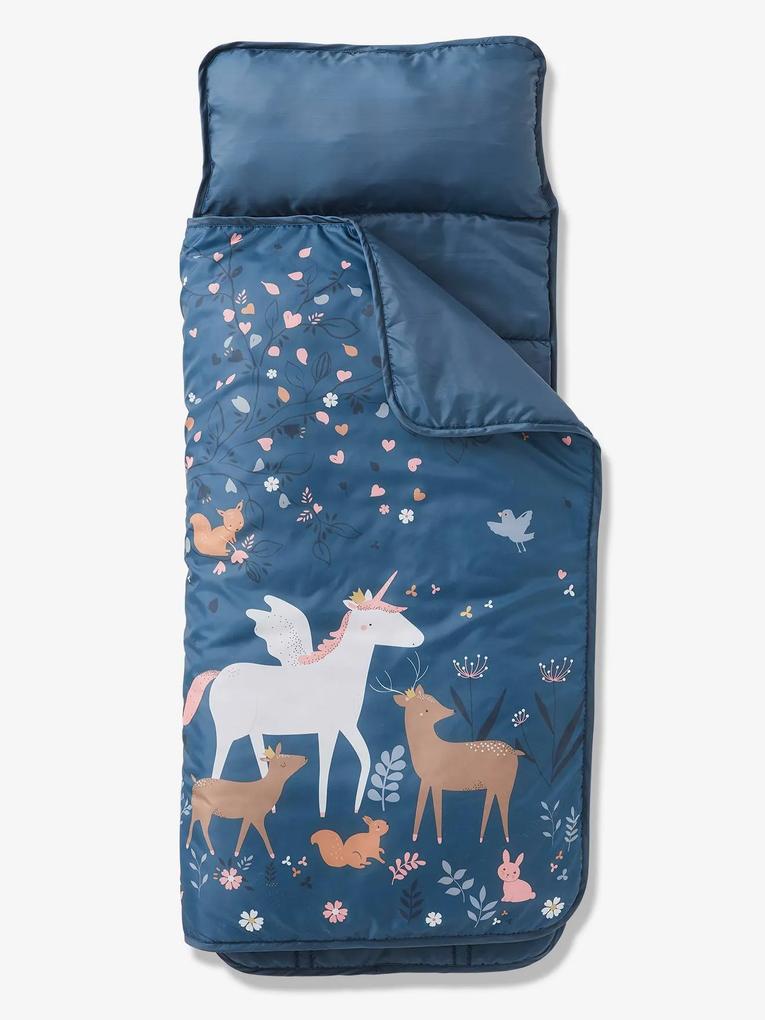 Saco-cama em poliéster, com almofada integrada, tema Floresta Encantada azul escuro liso com motivo