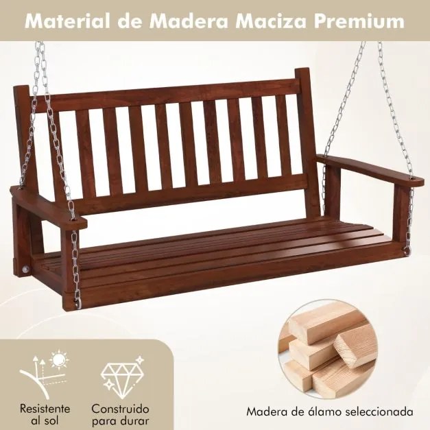 Banco de baloiço com 3 lugares 168 x 65 x 63 cm suspenso de madeira de choupo para jardim, Correntes ajustáveis Castanho