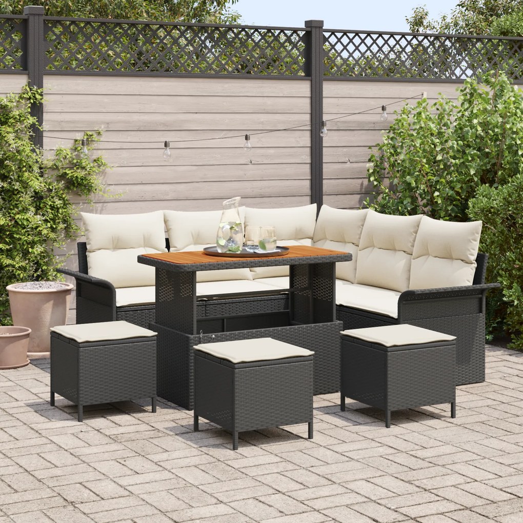 vidaXL Conjunto de Sofá de Jardim com 9 Peças e Almofadas Preto Rattan Sintético Acácia