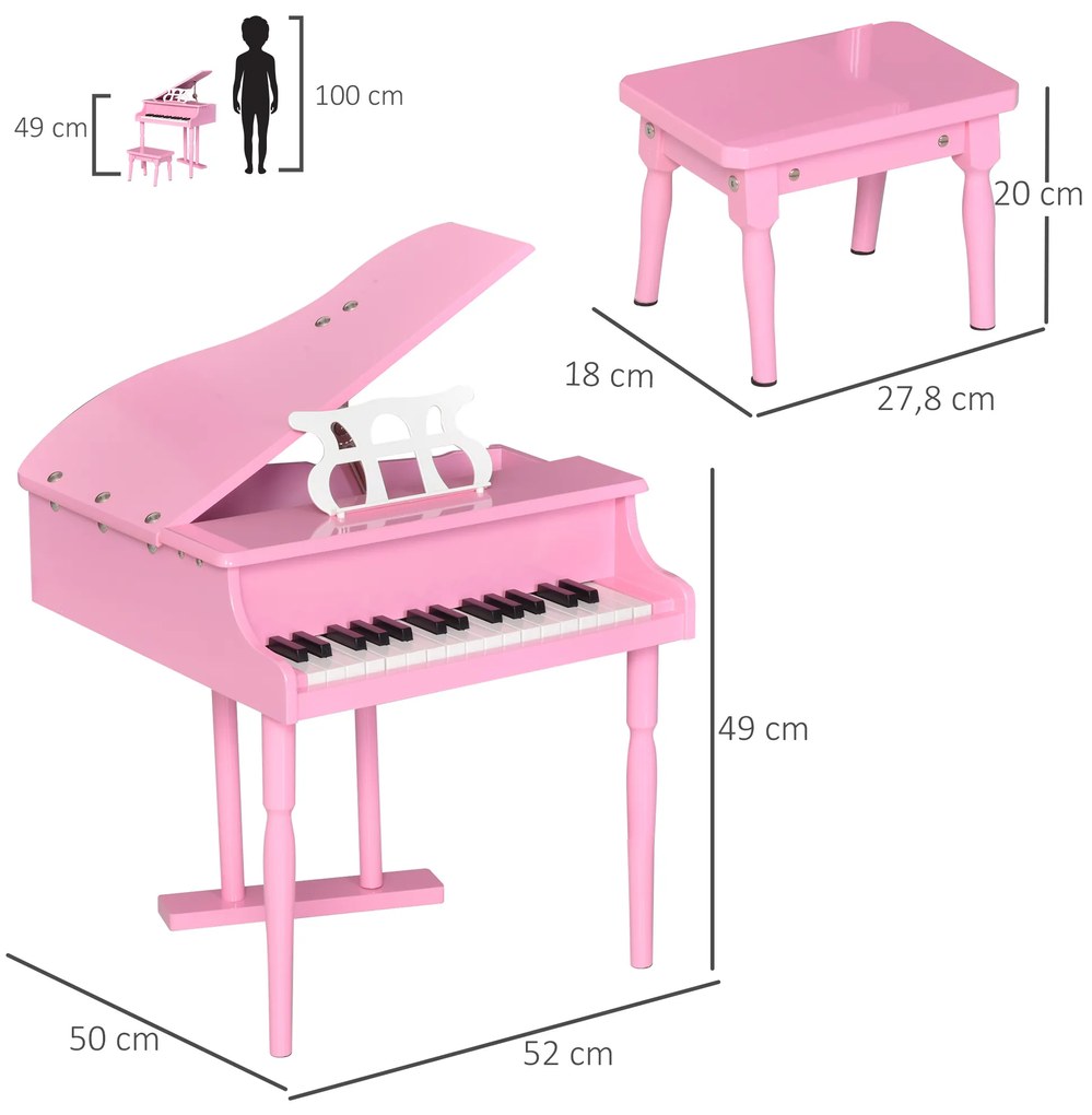 HOMCOM Piano de Cauda Infantil com 30 Teclas Banco Suporte de Partituras Piano para Crianças de MDF Instrumento Musical Educativo 52x50x49cm Rosa