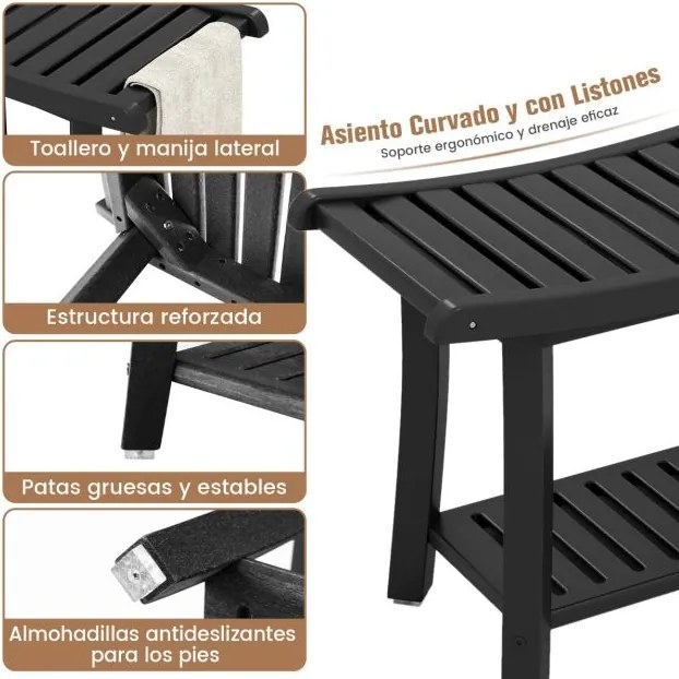 Banco de banho curvo para idosos HDPE impermeável 60,5 cm x 34 cm x 48 cm Preto