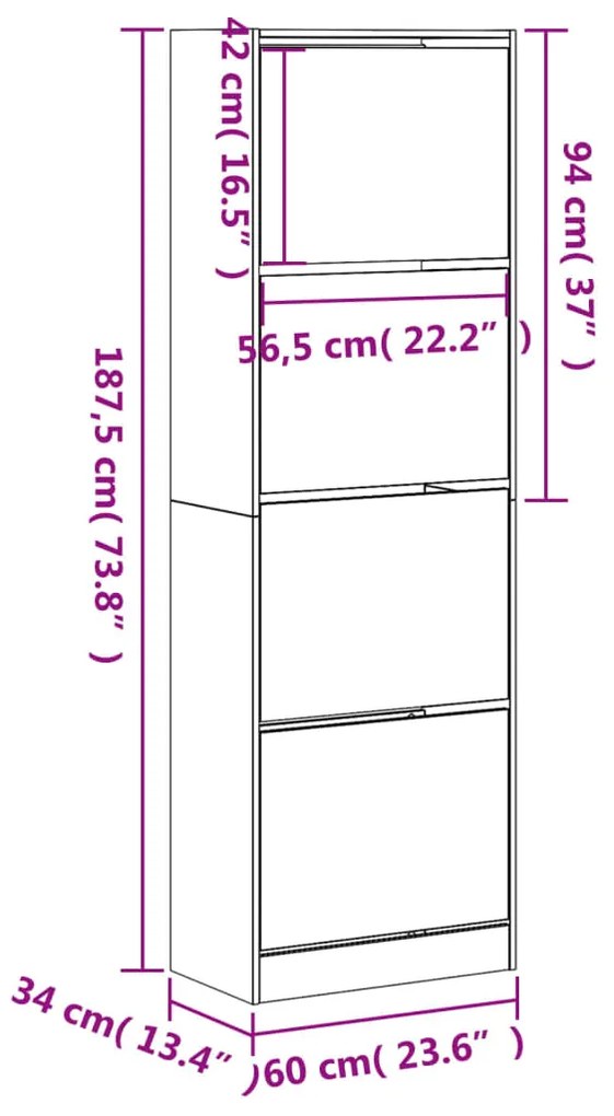 Sapateira 4 gavetas articuladas 60x34x187,5 cm carvalho sonoma