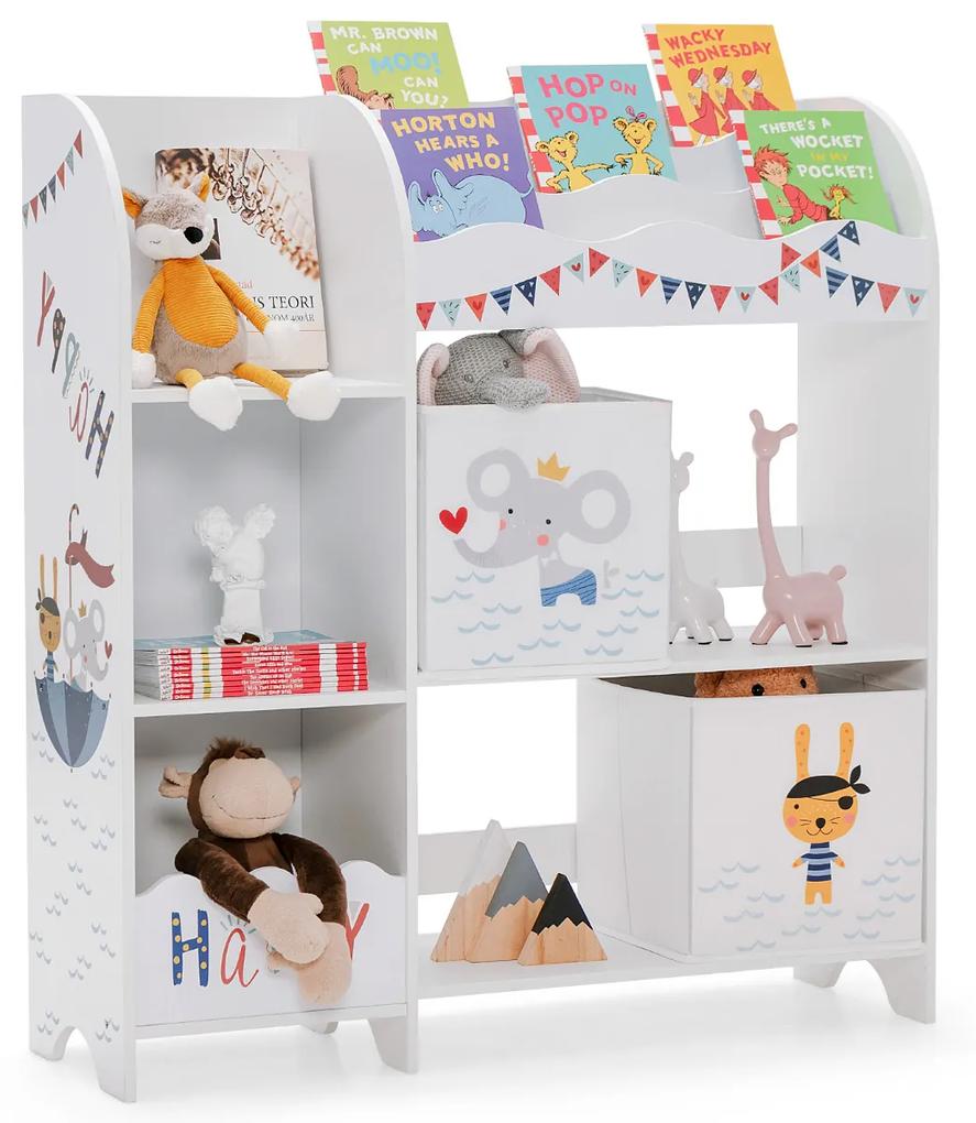 Armário infantil com 3 níveis e 5 compartimentos 2 gavetas de tecido para brinquedos de livros 93 x 30 x 102 cm Branco
