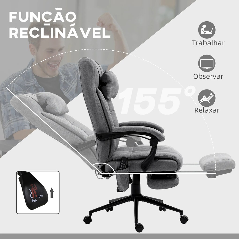 Cadeira de Escritório com 6 Pontos de Massagem 5 Modos Reclinável 155° com Função de Aquecimento 66x76x112-120 cm Cinza