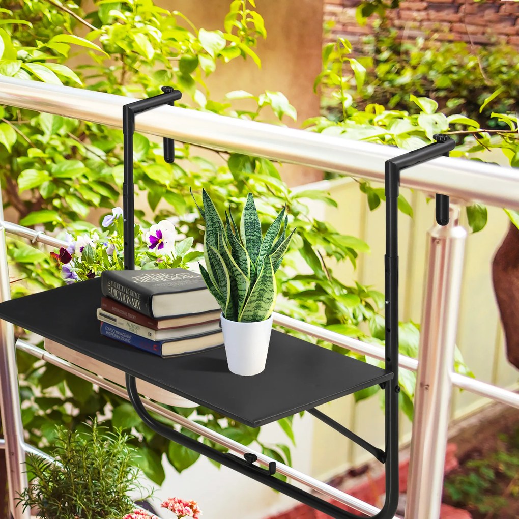 Mesa Suspensa para Varanda Mesa de Parede de Aço com Altura Ajustável em 4 Posições 60x60,5x56-71 cm Preto