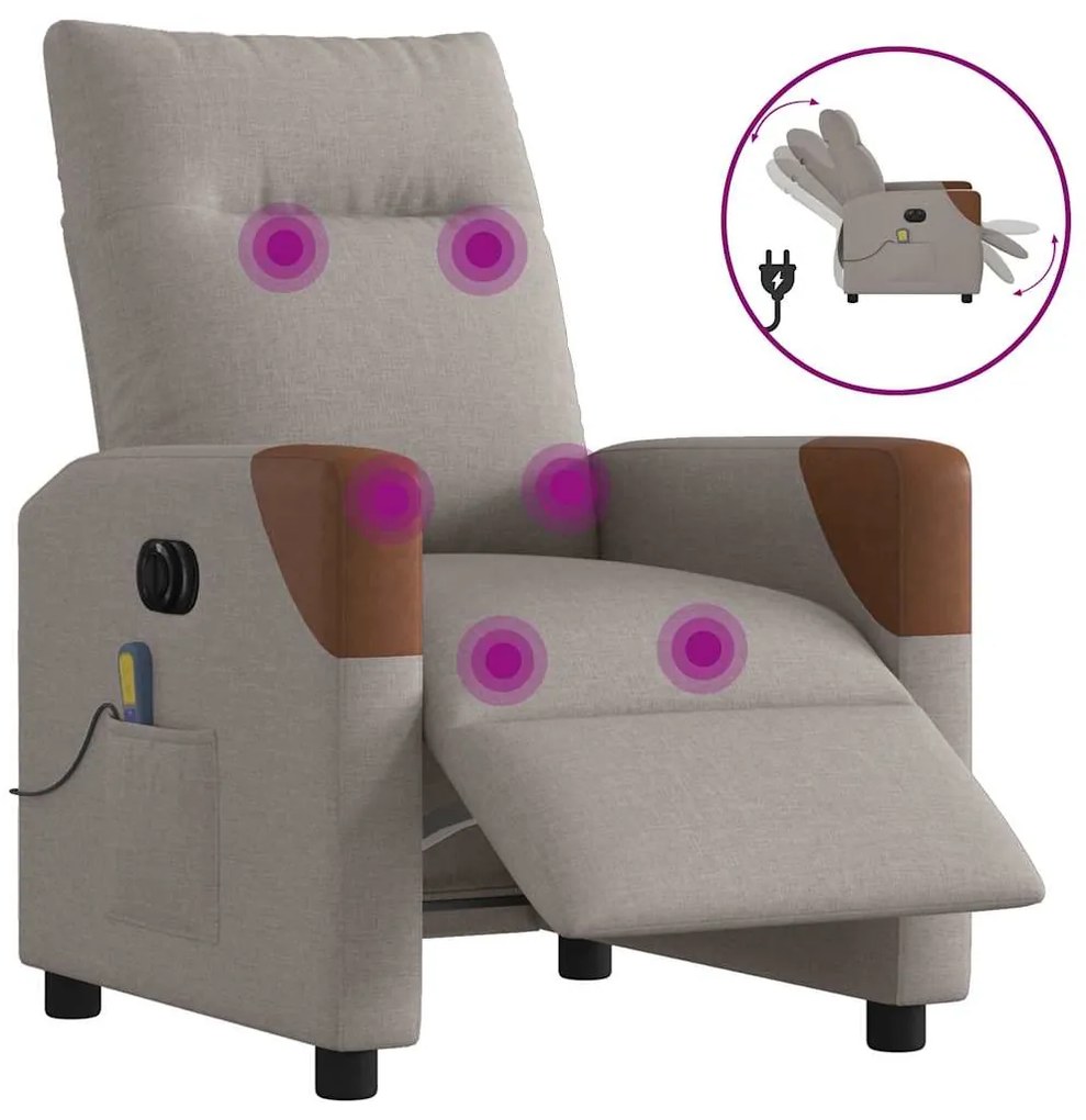 vidaXL Poltrona reclinável massagens elétrica tecido cinza-acastanhado