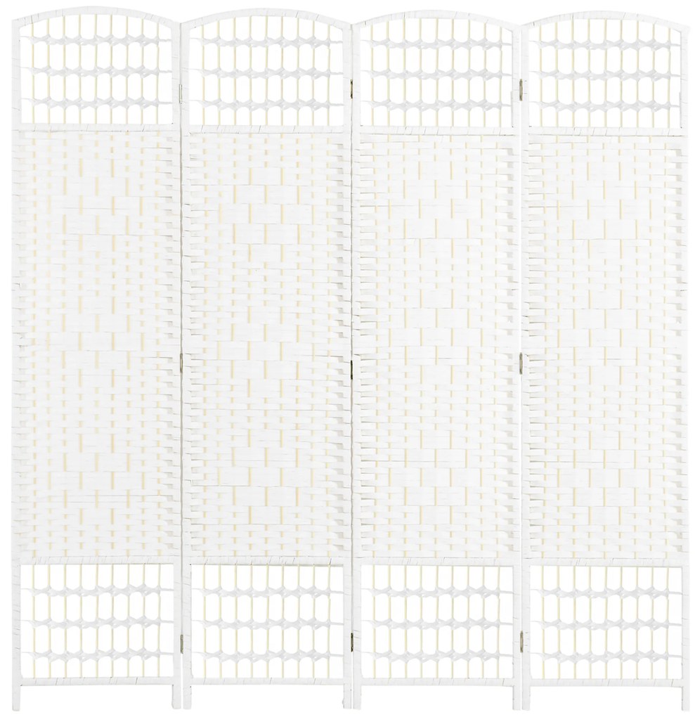 HOMCOM Biombo de 4 Painéis Dobrável Separador de Ambientes de Corda de Papel e Estrutura de Madeira 60x170 cm Branco