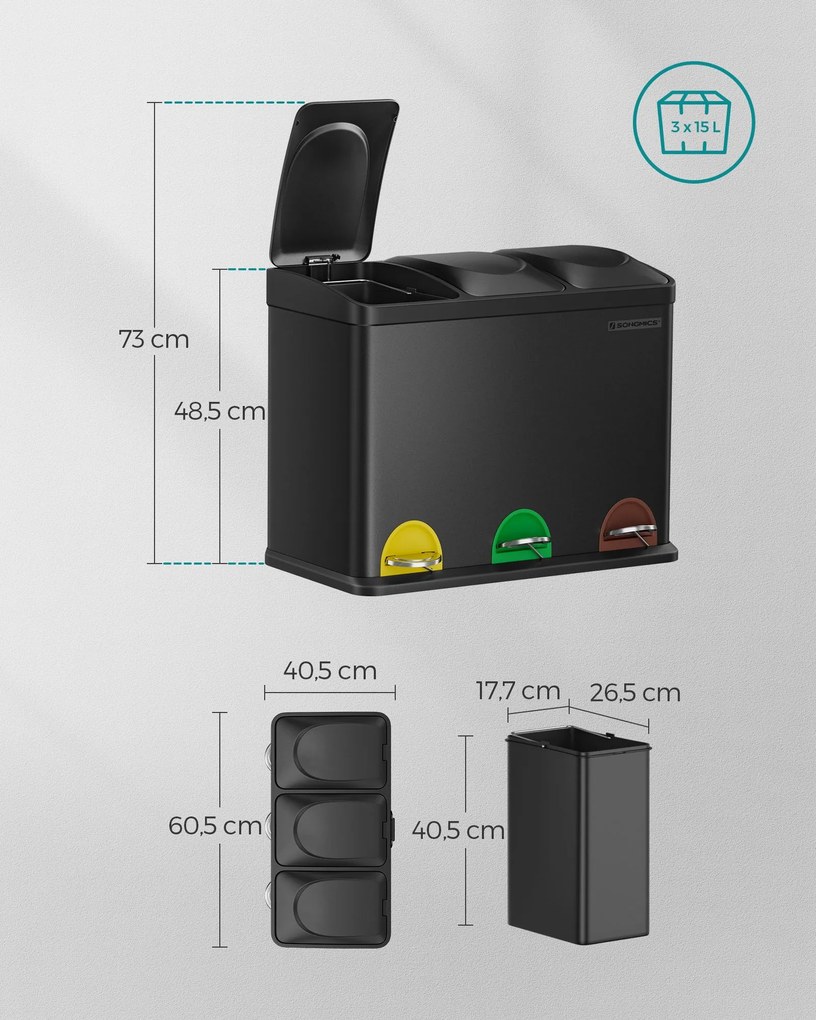 Caixote do lixo 3 x 15 litros com tampa e recipiente interior Preto