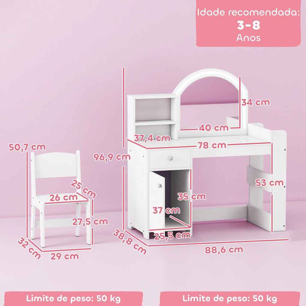 Toucador Infantil com Banqueta e Espelho com Luzes LED 1 Gaveta, Armário e 5 Prateleiras Branco