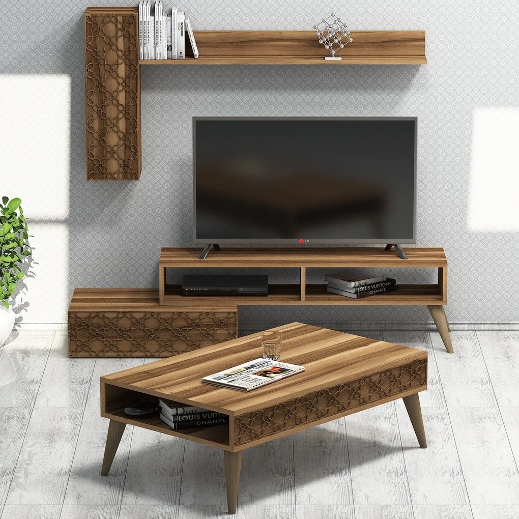 Conjunto de Mobiliário de Sala Planet – Nogueira – Tv Unit: 150x37x38