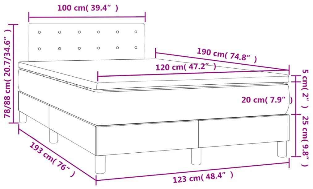 Cama box spring colchão/LED 120x190cm tecido cinza-acastanhado