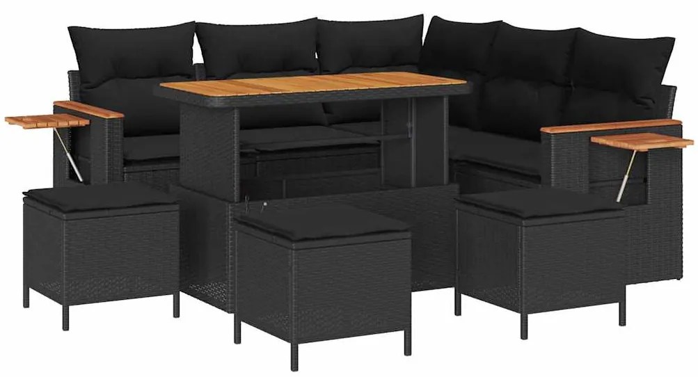 Conjunto de Sofá de Jardim 9 Peças com Almofadas Preto Rattan Poliéste