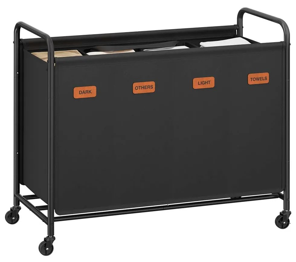 Cesto da roupa suja 200 L com rodas e 3 compartimentos Preto