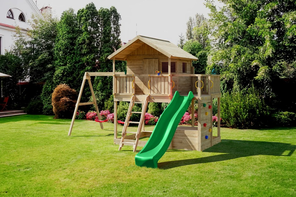 Parque infantil Crianças Exterior Madeira GALAXY SUNSHINE KDI com Escorrega Verde, Baloiço Duplo, casa com telhado, parede escalada, leme, telescópio