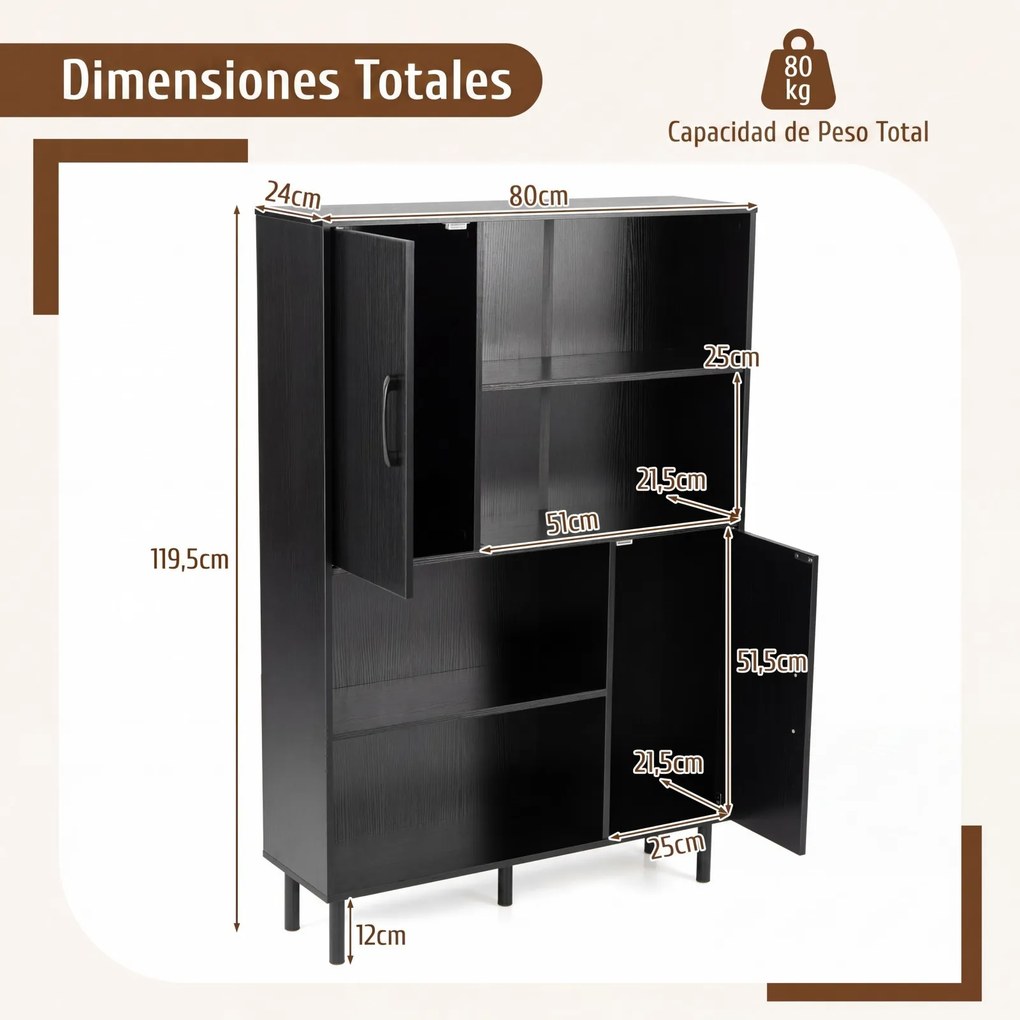 Armário, estante de arrumação 80 x 24 x 119,5 cm, compartimentos abertos, portas e pés em metal para casa, escritório e sala de estar - Preto