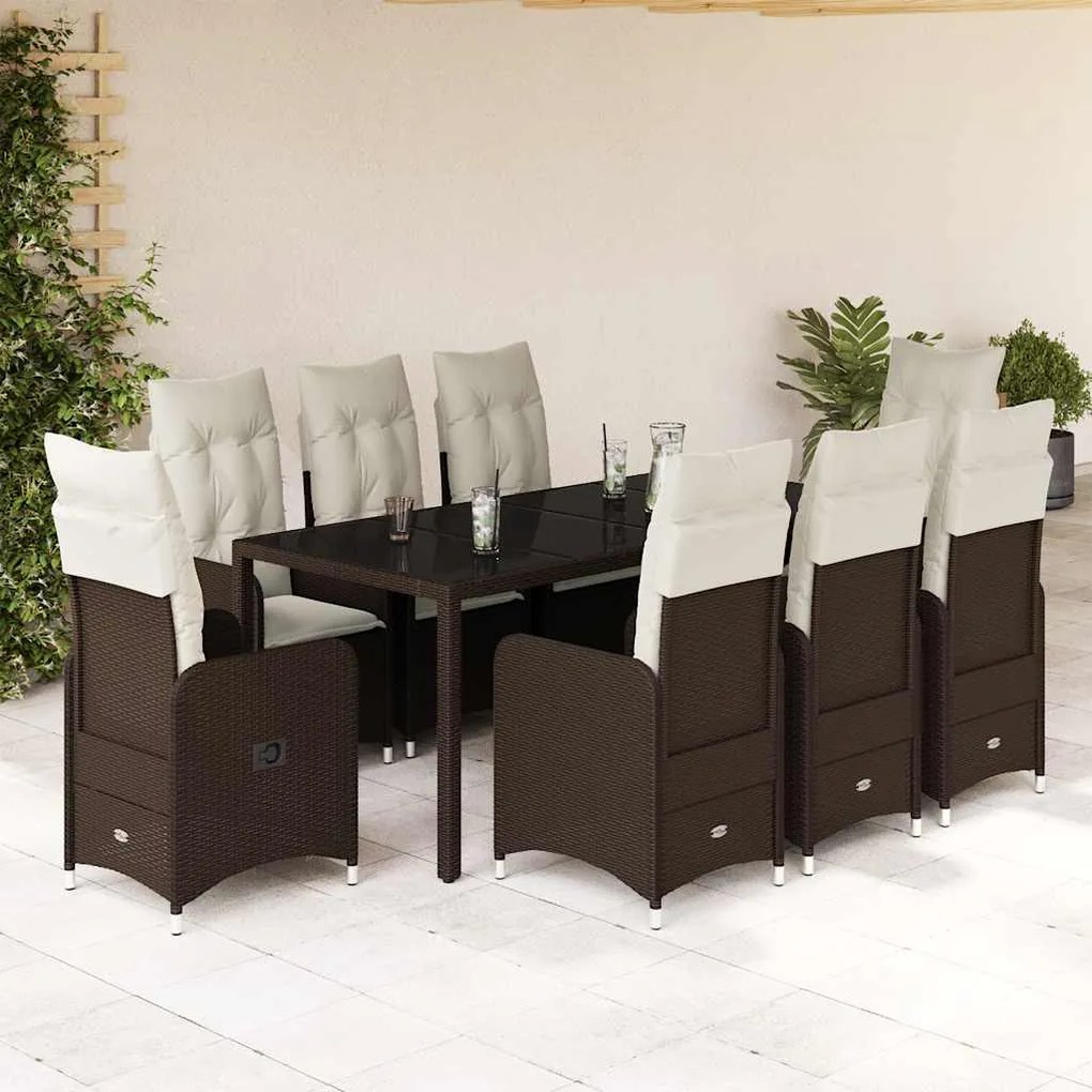 9 pcs conjunto bistrô de jardim c/ almofadões vime PE castanho