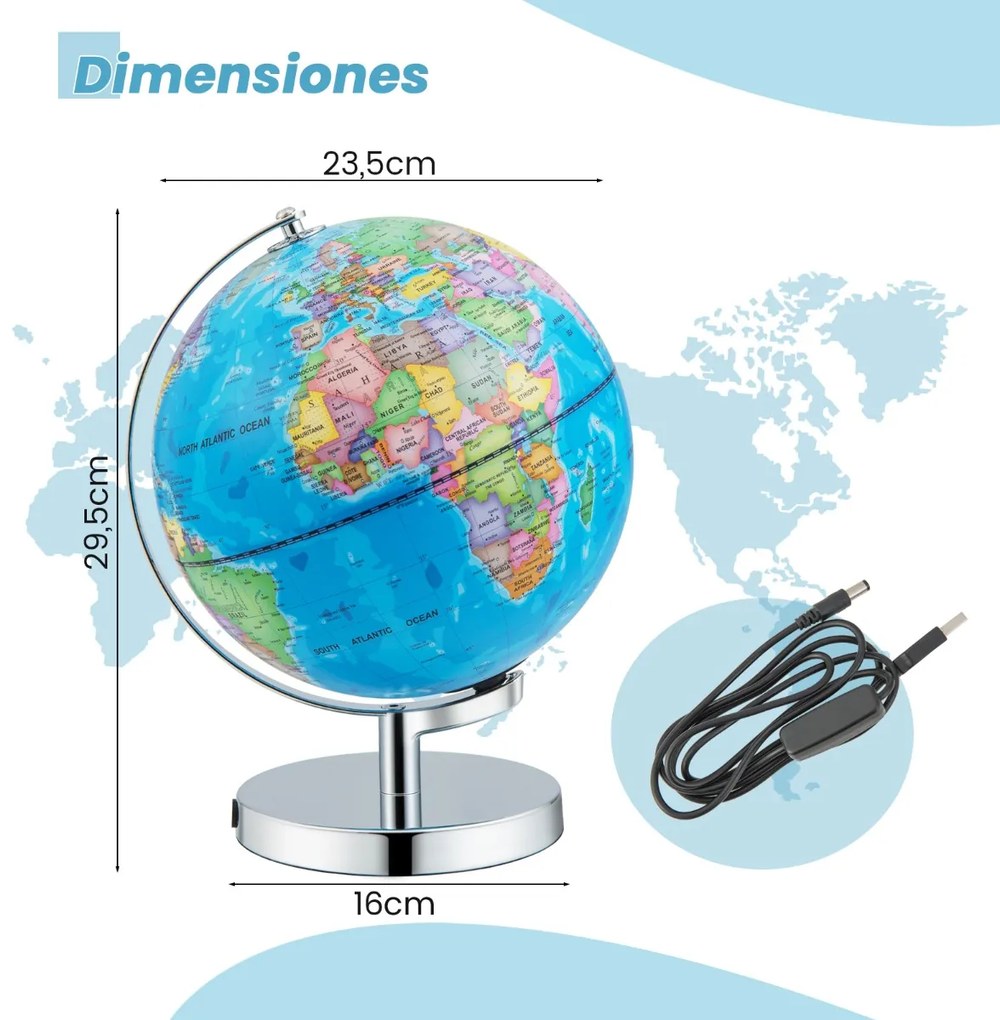 Globo terrestre 3 em 1 iluminado de 23 cm com 88 constelações, suporte metálico e mapa inglês para casa, escola e escritório Azul