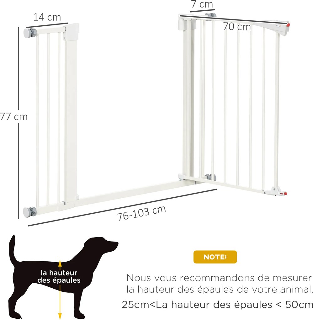 Barreira de segurança para cães e animais extensivel 76-103 Largura, sem necessidade de perfuração, com fecho automática, branca