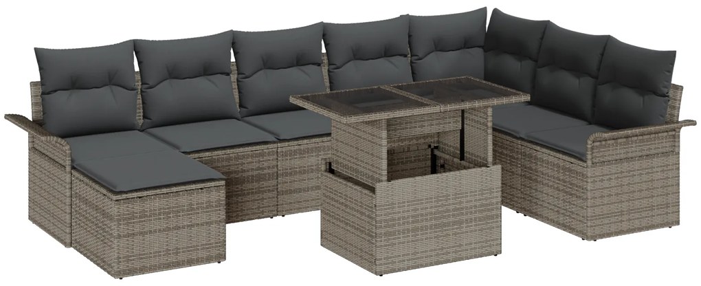 Conjunto de Sofá Jardim de 9 Peças com Almofadas Cinzento de Rattan Poliéster