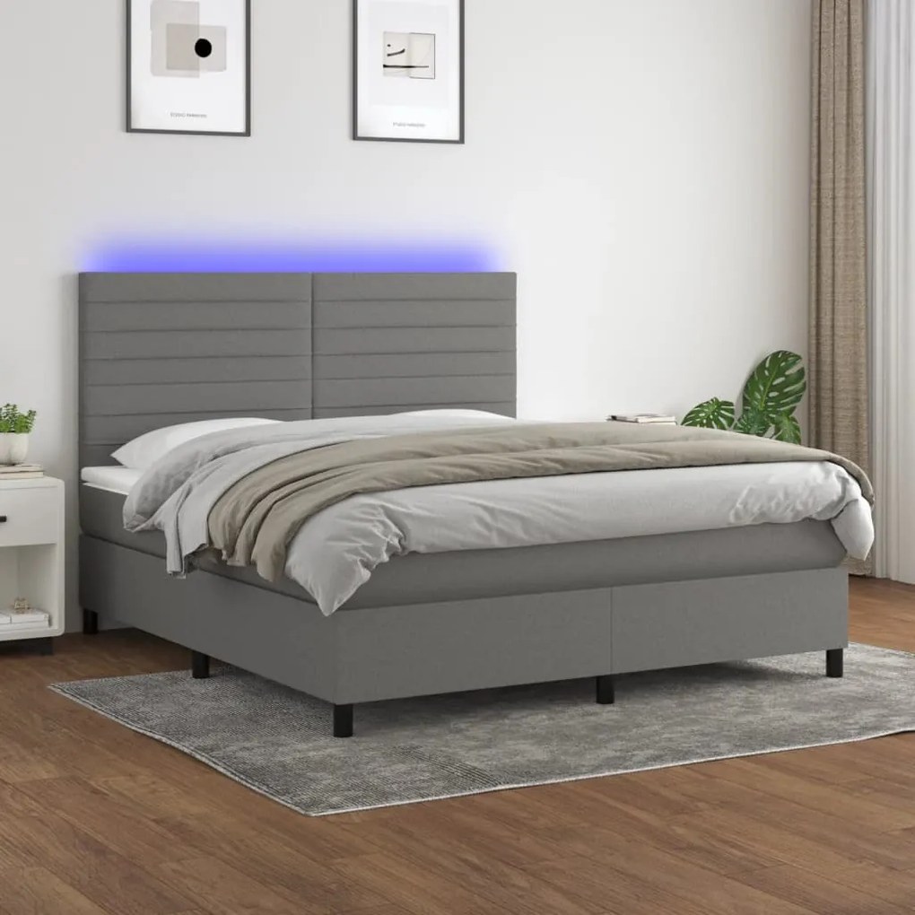 Cama box spring c/ colchão e LED 160x200 cm tecido cinza-escuro