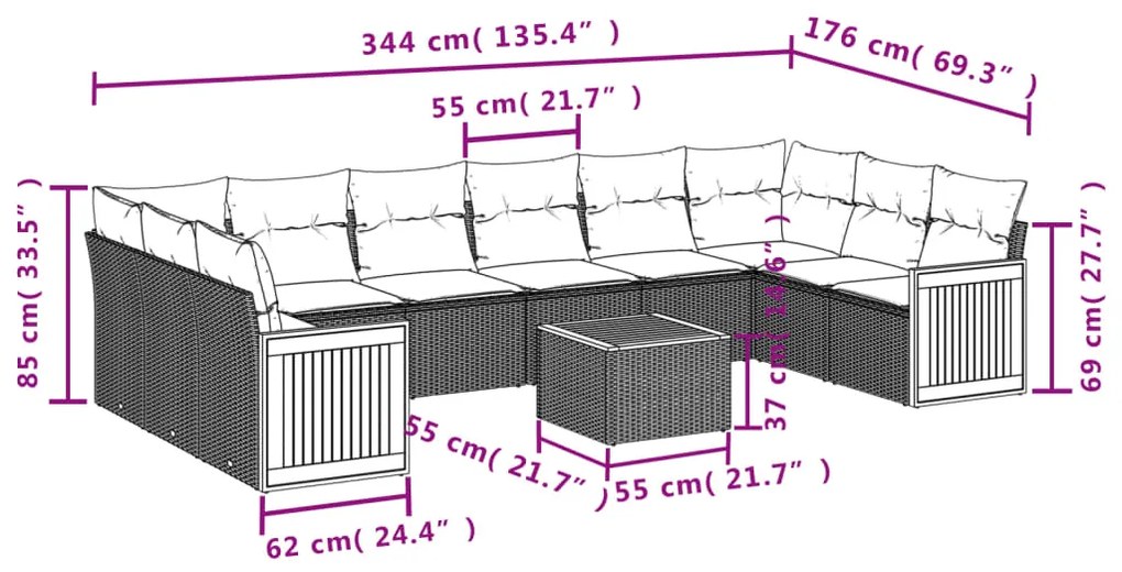 11 pcs conjunto sofás de jardim c/ almofadões vime PE preto