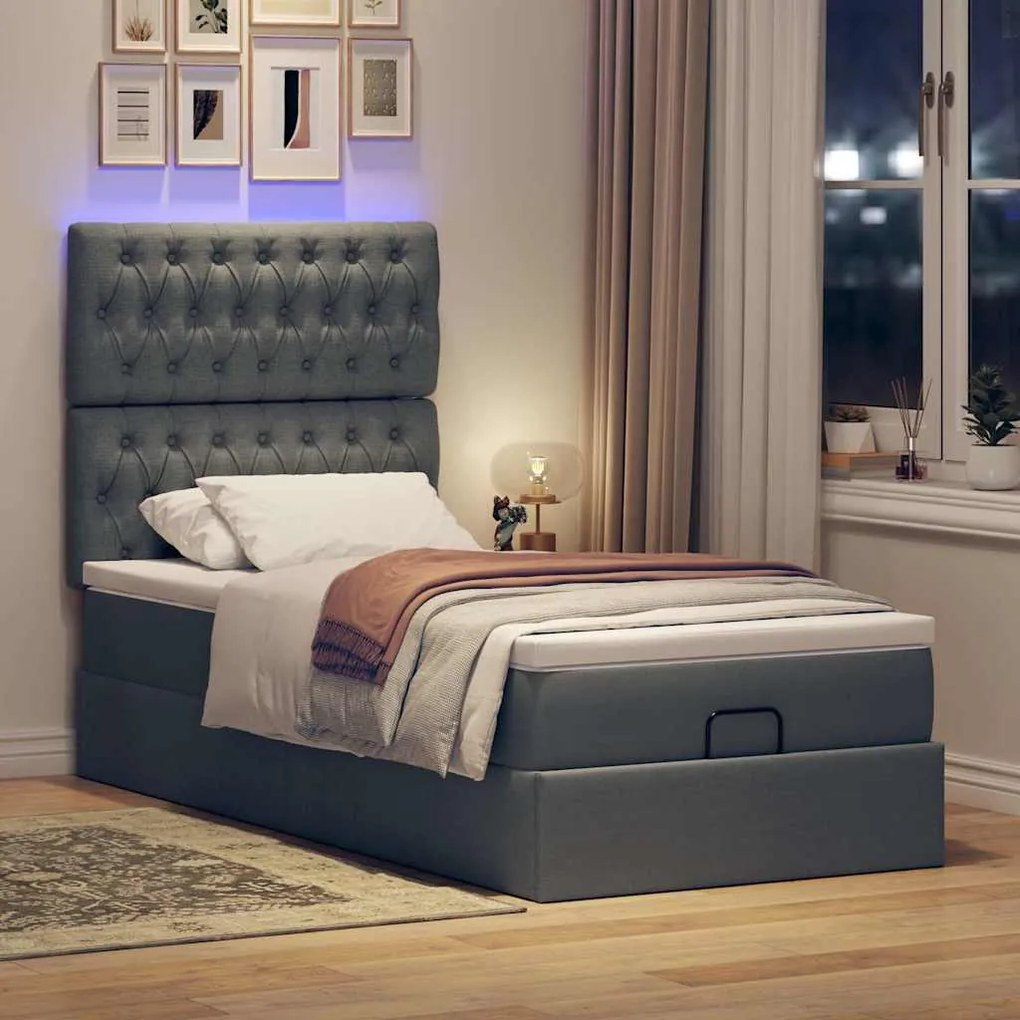 Cama otomana com colchão & LEDs 90x200cm tecido cinzento escuro