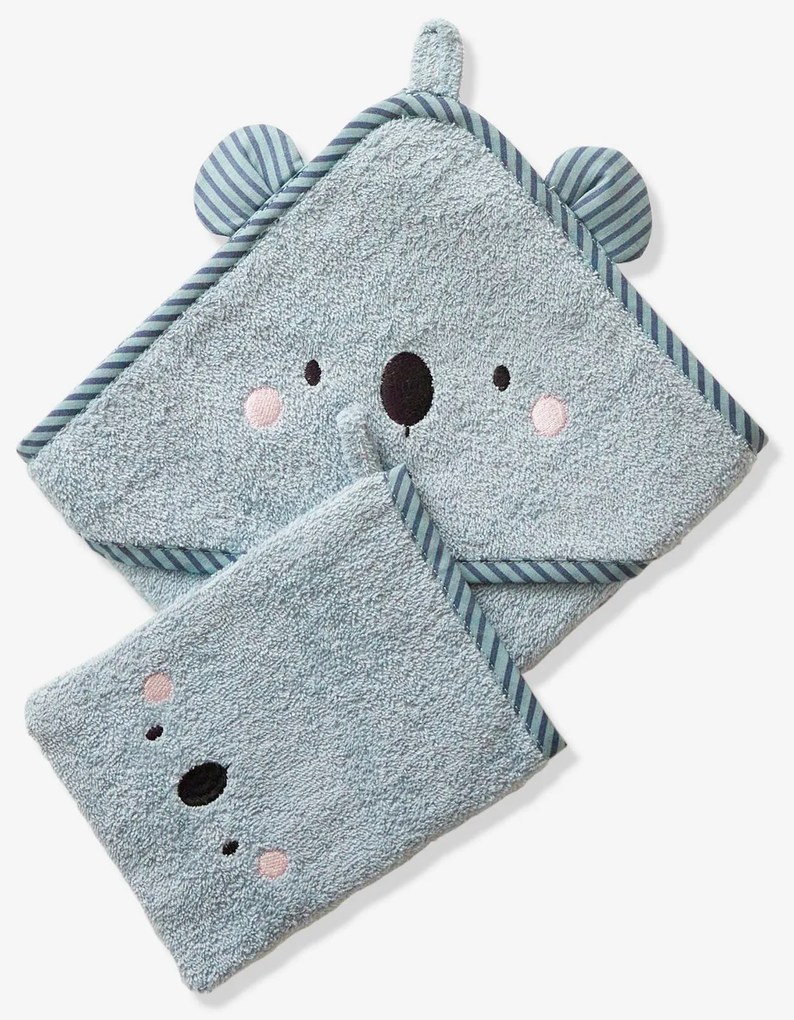Capa de banho para bebé com capuz com bordado animais azul medio liso