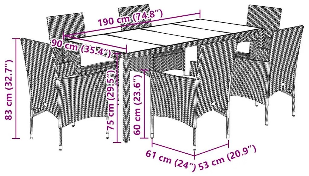 7pcs conj. jantar jardim + almofadões vime PE/vidro cinza claro