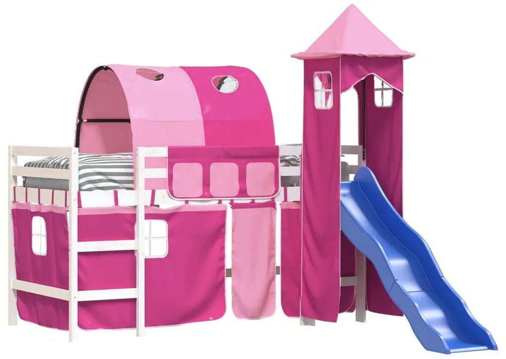Cama alta para criança com torre 90x200 cm pinho maciço rosa