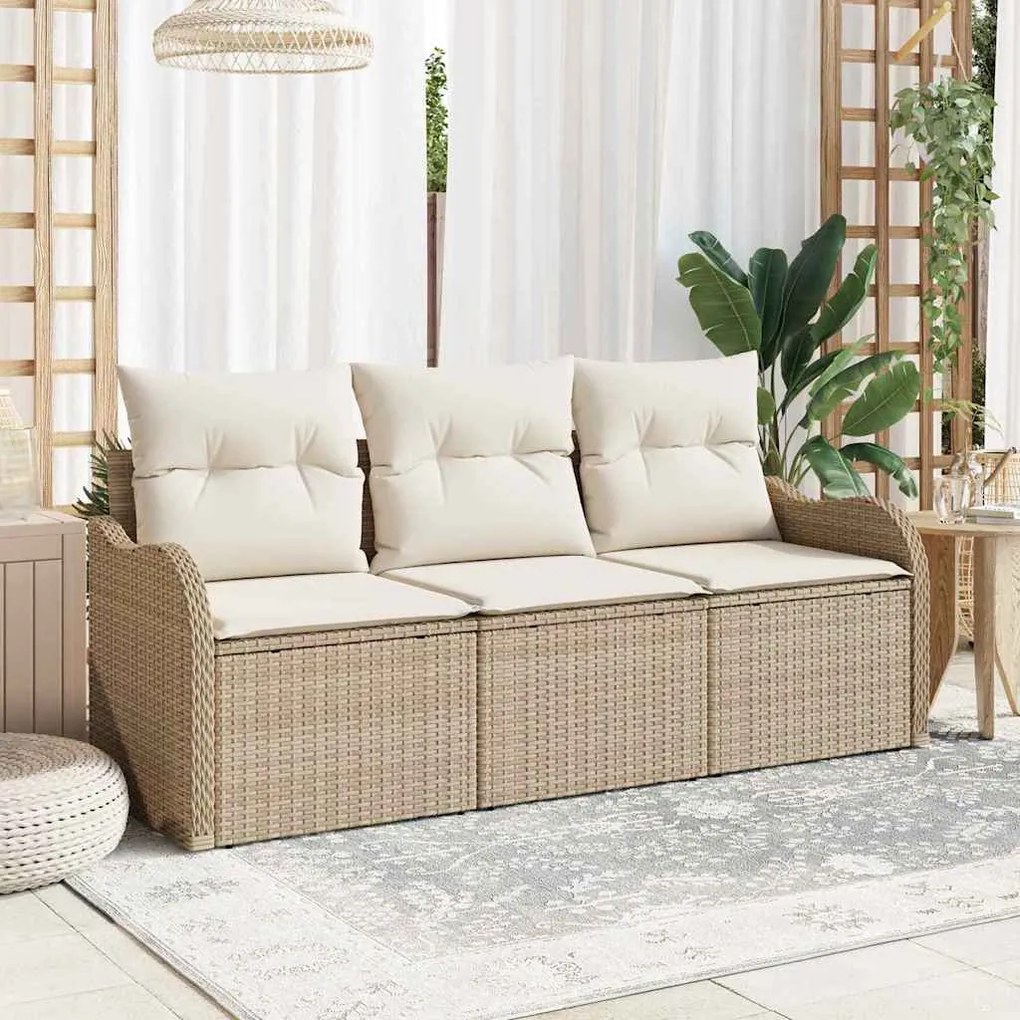vidaXL Conjunto de Sofá de Jardim com 3 Peças e Almofadas Bege de Polirrattan