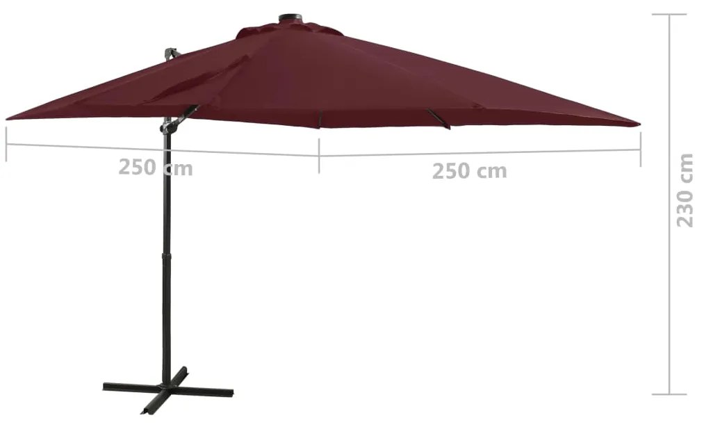 Guarda-sol de jardim com poste e luzes LED 250 cm bordô