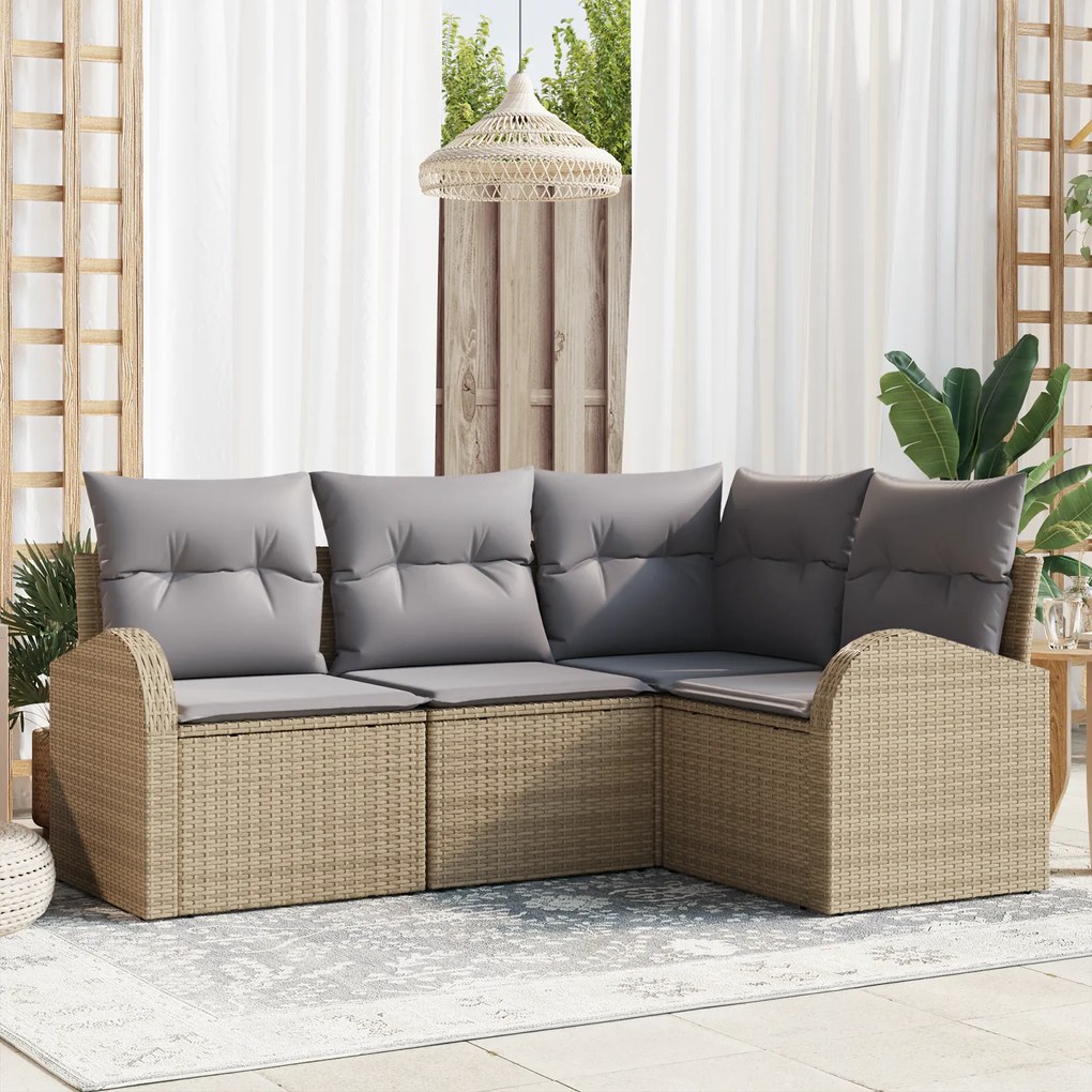 vidaXL Conjunto de Sofá de 4 Peças com Almofadas Bege Rattan PE